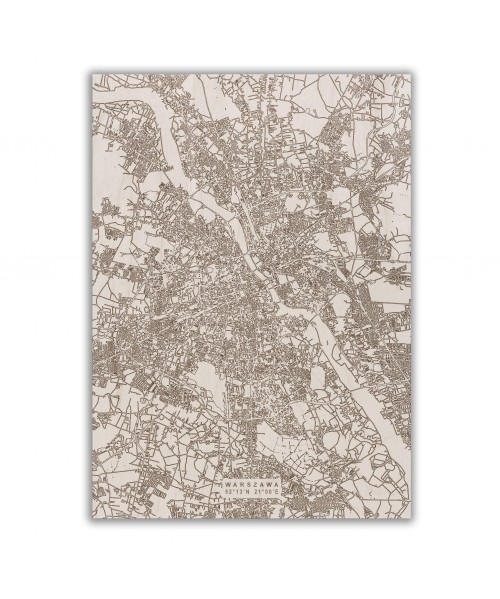 Grawerowana drewniana mapa miasta: Warszawa