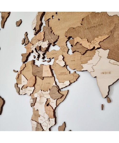 Drewniana Mapa Świata 3D, Mapa z Drewna 3D w Kolorze Saharyjski Pył - Dostosuj